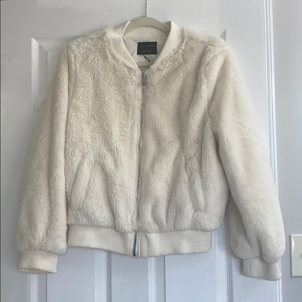 Faux fur cream zip up jacket